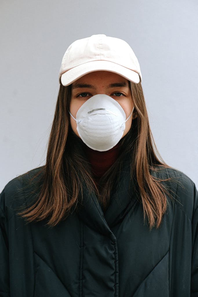 Portrait of a young woman with a face mask and baseball cap, emphasizing health and protection during the pandemic.